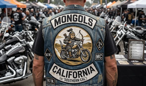 A biker wearing a vest with a Mongols MC back patch during the MC meetup.