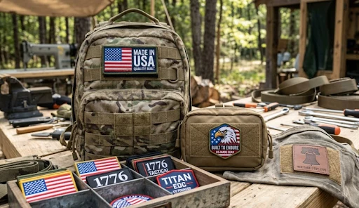 Custom Velcro patches and tactical gear kept on a wooden bench in a forest in the USA.
