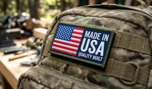 An embroidered velcro USA flag patch attached to a tactical backpack.