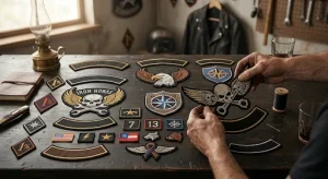 motorcycle patches laid on a wooden table.