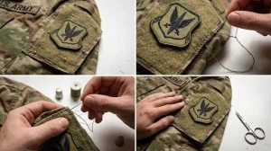 How to Sew On Military Patches by Hand A patch sewing is shown on the left arm of a military uniform.
