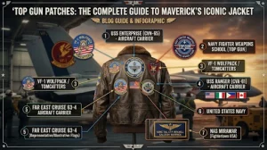 Infographic titled "Top Gun Patches: The Complete Guide to Maverick's Iconic Jacket," with callouts and text identifying the patches on his flight jacket.