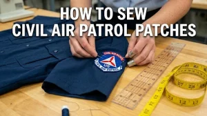 A close-up shot of hands pinning a Civil Air Patrol patch onto a dark blue uniform sleeve on a wooden table.