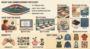 an image representing how embroidered patches are made, their uses, and benefits.